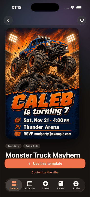 Hoop template detail view — Monster Truck Mayhem