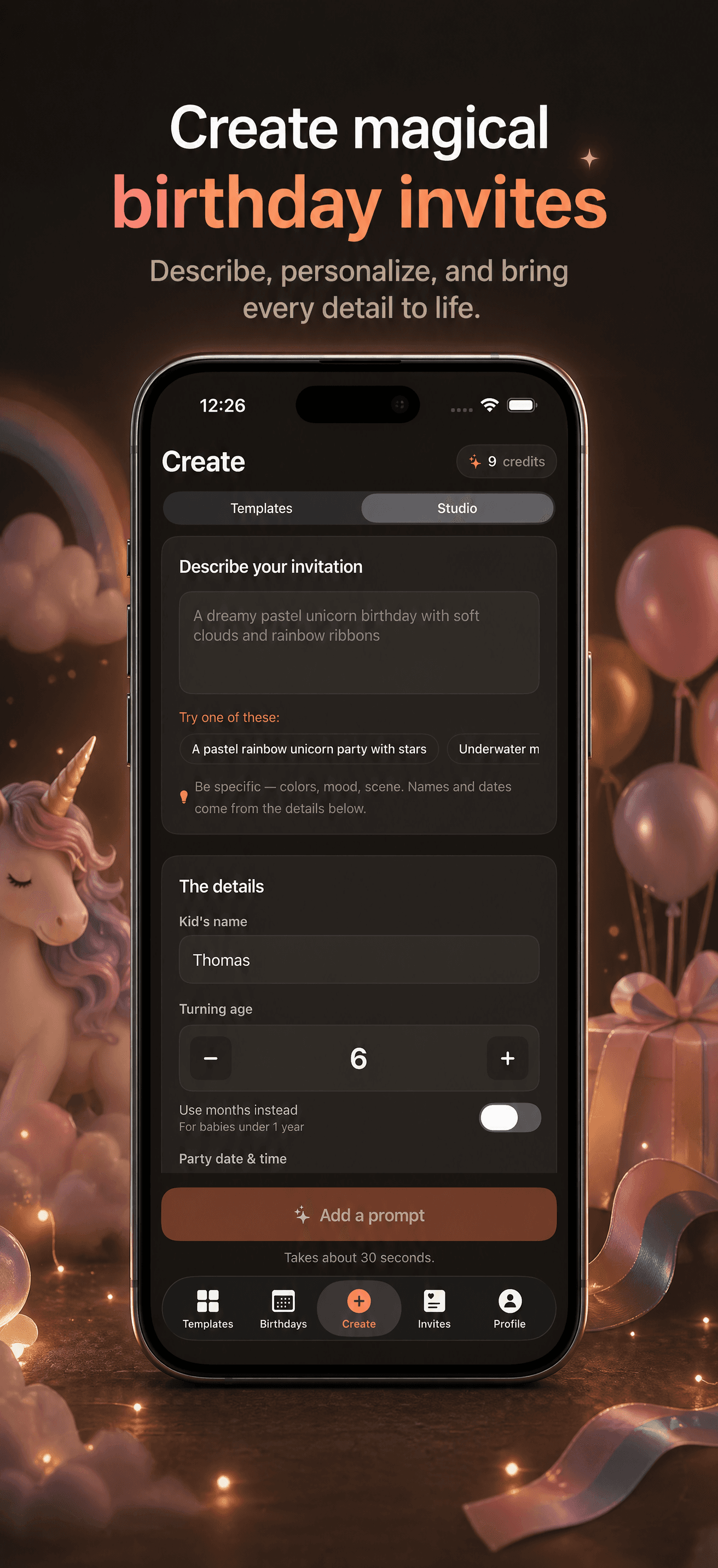 Hoop Studio mode — describe your invitation